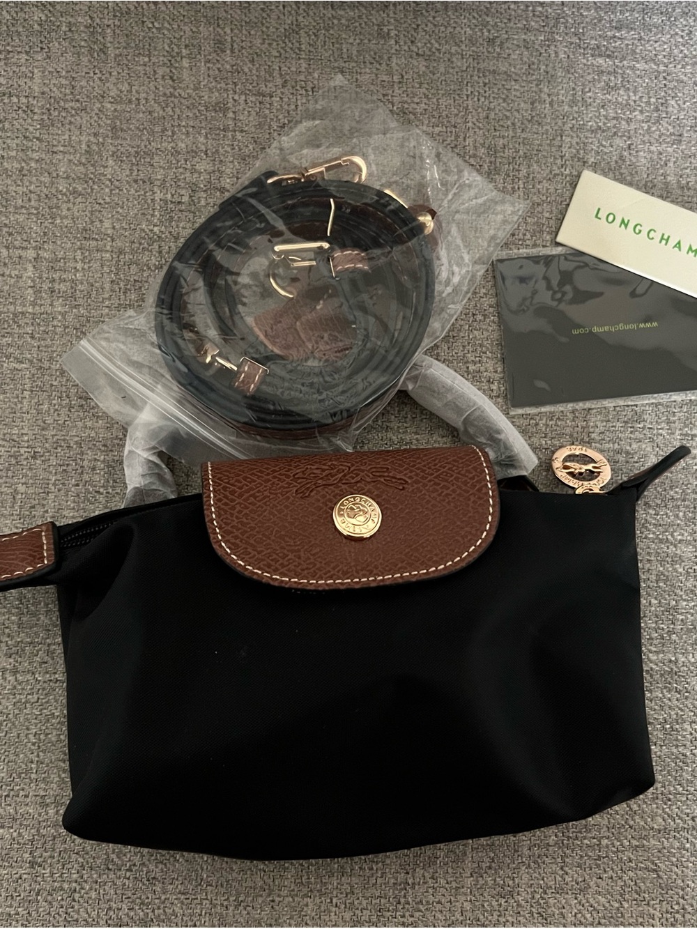 Longchamp Black Nylon Mini Crossbody with Brown Leather Flap